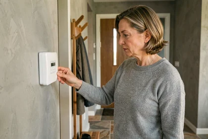 Femme examinant un panneau de contrôle d'alarme Homiris installé près de la porte d'entrée d'une maison moderne
