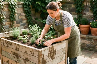 Femme installant des plants dans un potager en hauteur en bois sur une terrasse de jardin