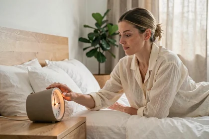 Femme réglant son réveil lumineux sur sa table de chevet au réveil dans une chambre scandinave