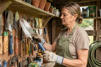 Femme choisissant des outils de jardinage dans un abri de jardin rustique au printemps