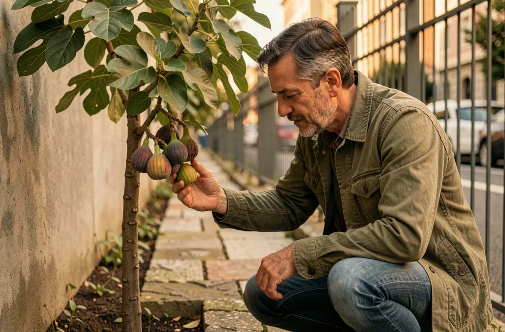 Homme inspectant des figues mûres sur un figuier nain dans une bande de jardin urbaine étroite
