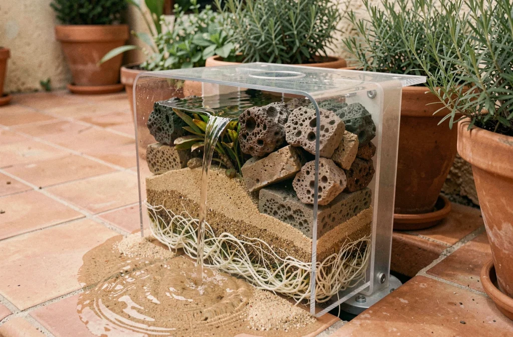 Gros plan sur un filtre biologique naturel avec couches de roche volcanique et racines aquatiques pour piscine écologique