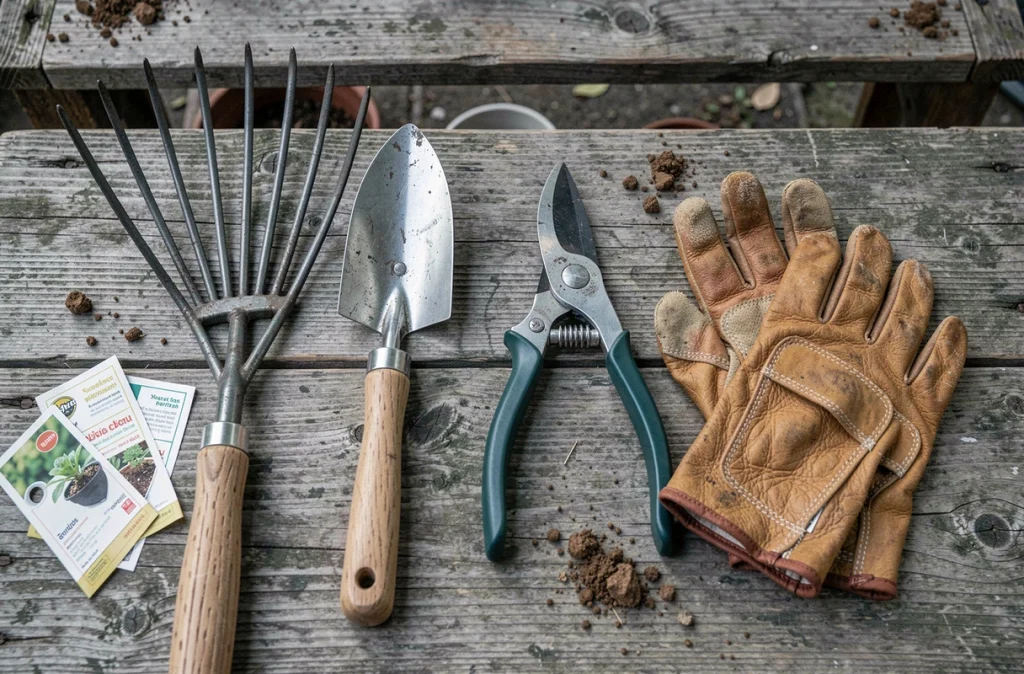 Vue de dessus d'outils de jardinage essentiels pour le printemps disposés sur une table en bois