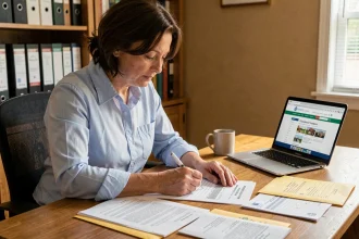 Femme remplissant un formulaire de changement d'adresse auprès des organismes officiels dans un bureau à domicile