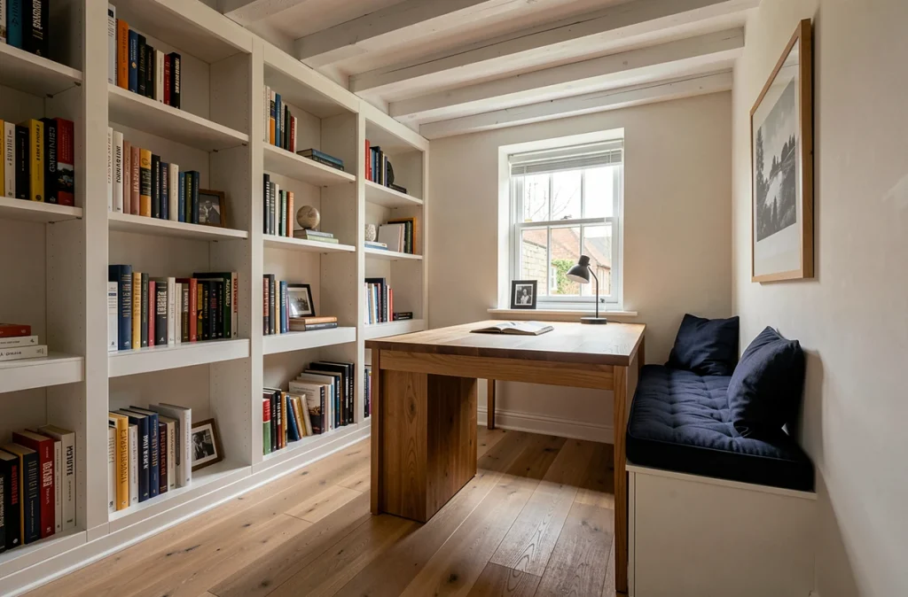 Garage aménagé en bureau et coin lecture avec bibliothèque intégrée, parquet en chêne et fenêtre avec banquette rembourrée