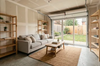 Garage converti en salon confortable avec sol en béton ciré, canapé en lin gris et baie vitrée donnant sur le jardin