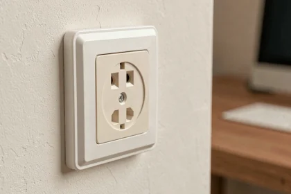 Goulotte blanche avec prise électrique intégrée montée sur mur de bureau moderne