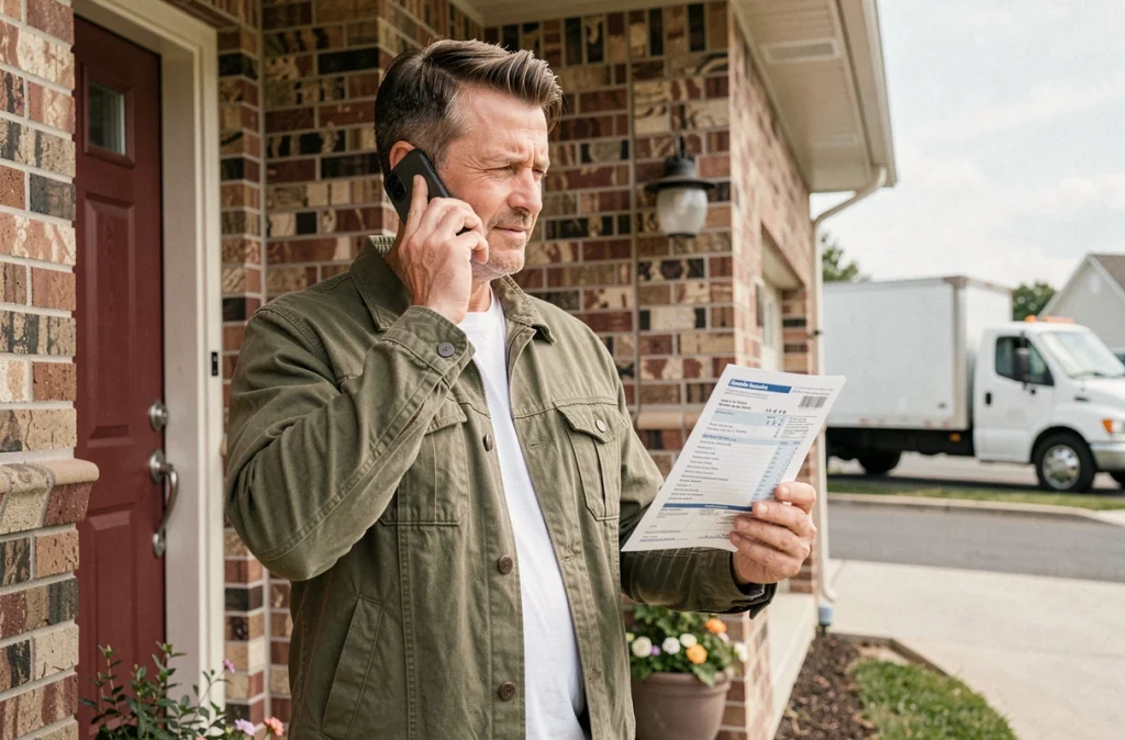 Homme téléphonant à son assureur sur le pas de sa nouvelle maison pendant son déménagement