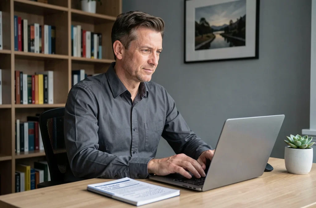 Homme gérant en ligne le changement de fournisseur d'énergie depuis son bureau à domicile