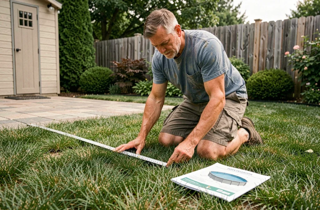 Homme mesurant l'espace disponible dans son jardin pour installer une piscine hors-sol