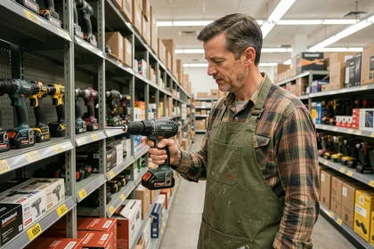 Homme en tablier de travail examinant une perceuse sans fil en promotion dans un magasin de bricolage