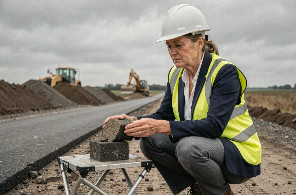 Ingénieure en travaux publics analysant une carotte d'enrobé recyclé sur un chantier routier