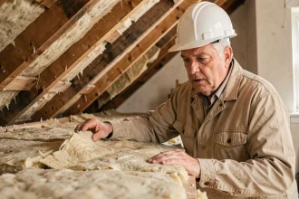 Inspecteur du bâtiment examinant l'isolation thermique sous une toiture en France, risques liés à la fermeture d'Isol1 à Mayenne