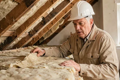 Inspecteur du bâtiment examinant l'isolation thermique sous une toiture en France, risques liés à la fermeture d'Isol1 à Mayenne