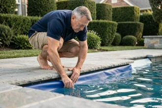 Homme inspectant le liner d'une piscine résidentielle pour détecter des défauts sur les coutures