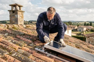 Technicien installant un panneau solaire thermique sur le toit en tuiles d'une maison ancienne en pierre