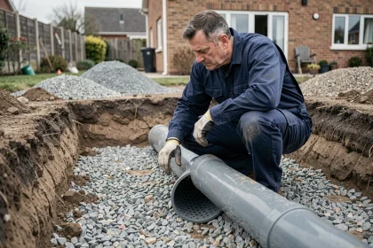 Plombier installant un puisard en PVC perforé dans une tranchée de jardin résidentiel pour la gestion des eaux pluviales
