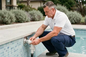 Technicien installant un système de nage à contre-courant sur le bord d'une piscine privée avec carrelage bleu