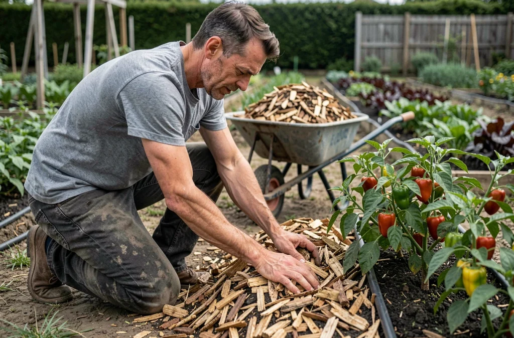 Jardinier appliquant du paillis d'écorces broyées autour de plants de poivrons au potager pour conserver l'humidité du sol et réduire l'arrosage