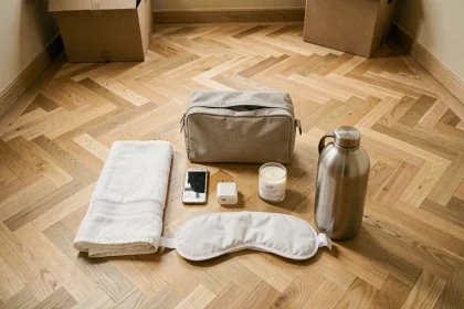 Kit de première nuit dans un nouvel appartement avec serviette, trousse de toilette, chargeur et accessoires essentiels posés sur un parquet en bois