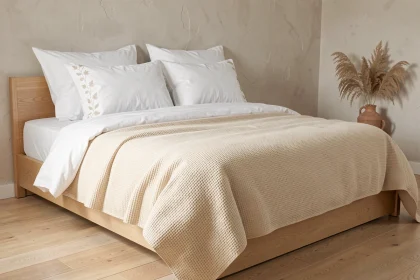 Chambre épurée au style scandinave avec un lit fait de draps en lin blanc et une housse de couette en coton gaufrée ivoire, décoration minimaliste et chaleureuse