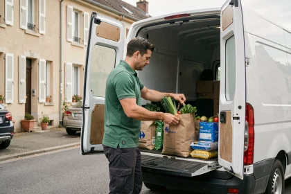 Livreur Carrefour déchargeant des courses d'un camion frigorifique dans une rue résidentielle le dimanche matin