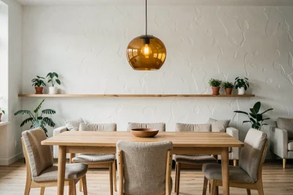 Luminaire pendentif en verre ambré au-dessus d'une table en chêne dans un salon scandinave moderne et chaleureux