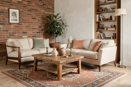 Salon mêlant style mid-century et rustique avec canapé en lin, table basse en chêne brut et tapis persan