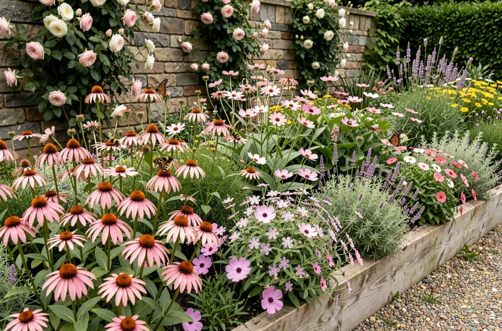Massif de fleurs mellifères avec bourrache, échinacée et cosmos attirant bourdons et papillons