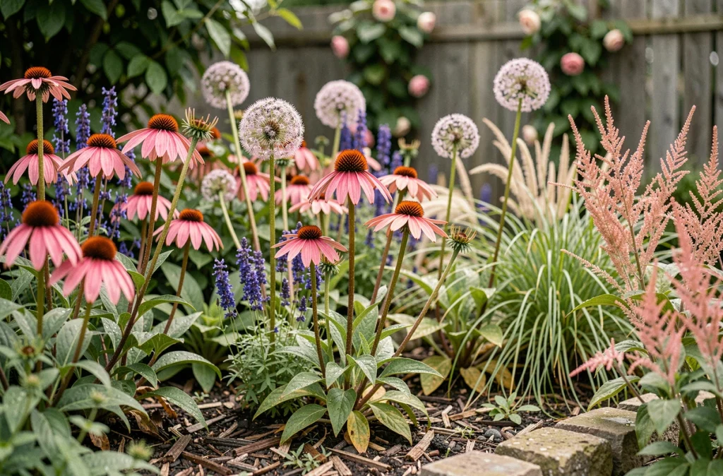 Massif de vivaces en pleine floraison estivale avec échinacées, salvia et astilbes dans un jardin naturel