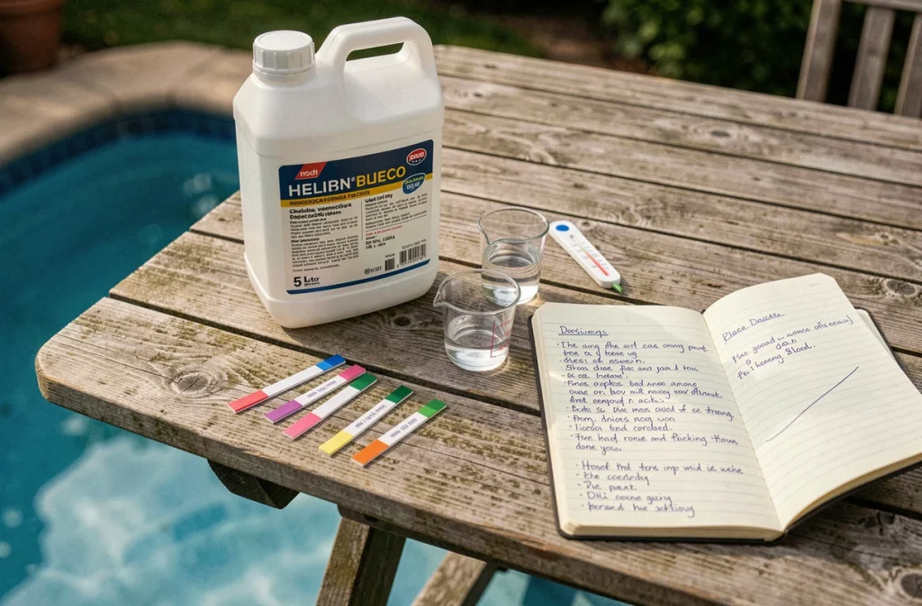 Matériel de traitement de l'eau de piscine avec bouteille de javel, bandelettes pH et thermomètre posés sur une table en bois
