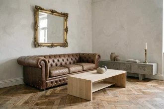 Salon mêlant canapé Chesterfield en cuir ancien et table basse contemporaine en chêne avec miroir baroque doré au-dessus d'un meuble en béton