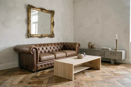 Salon mêlant canapé Chesterfield en cuir ancien et table basse contemporaine en chêne avec miroir baroque doré au-dessus d'un meuble en béton