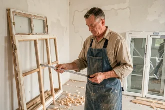Menuisier mesurant un encadrement de fenêtre lors d'un remplacement de menuiseries dans une maison en rénovation