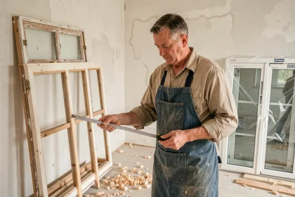 Menuisier mesurant un encadrement de fenêtre lors d'un remplacement de menuiseries dans une maison en rénovation