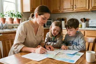 Mère et enfants préparant le changement d'école autour d'une table de cuisine avec des documents scolaires