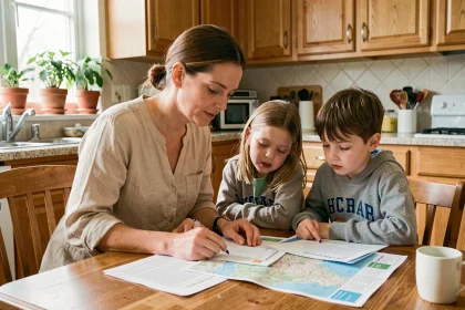 Mère et enfants préparant le changement d'école autour d'une table de cuisine avec des documents scolaires
