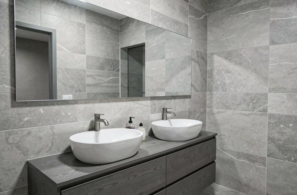 Large miroir horizontal au-dessus d'un double vasque dans une petite salle de bain contemporaine pour agrandir l'espace