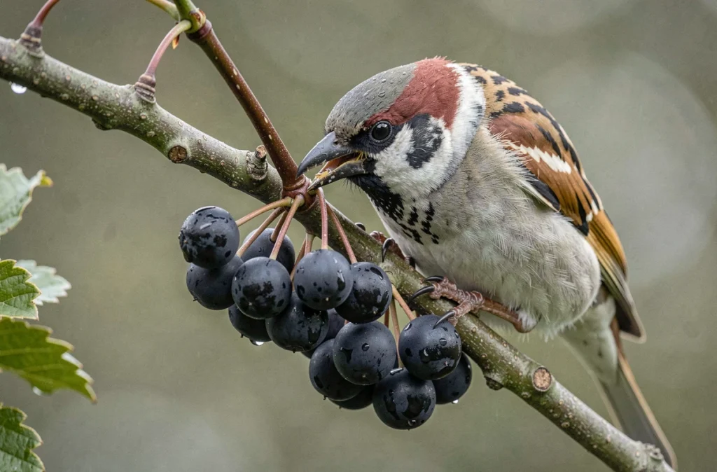 Moineau domestique se nourrissant de baies de sureau indigène avec des gouttes de pluie sur les fruits