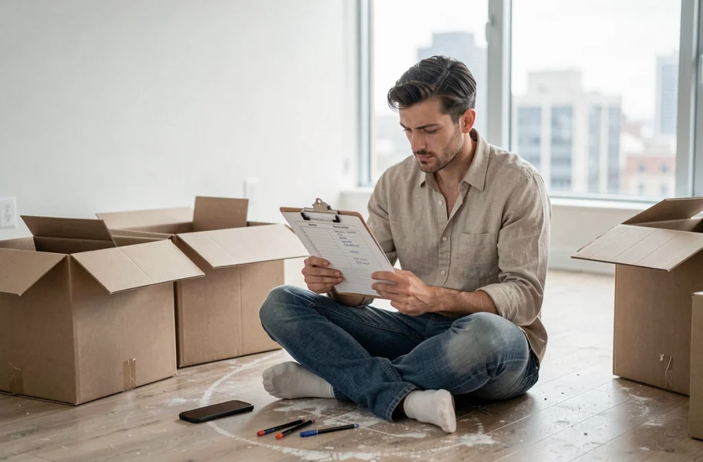 Homme consultant une liste de contrôle pour organiser son déménagement seul dans un appartement vide