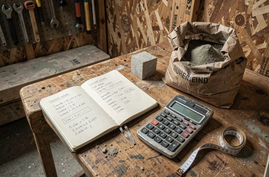 Plan de travail d'artisan avec cahier de calcul de béton en m3, calculatrice, mètre ruban et échantillon de béton