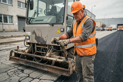 Ouvrier opérant une machine à enrobé recyclé sur un chantier de voirie urbaine