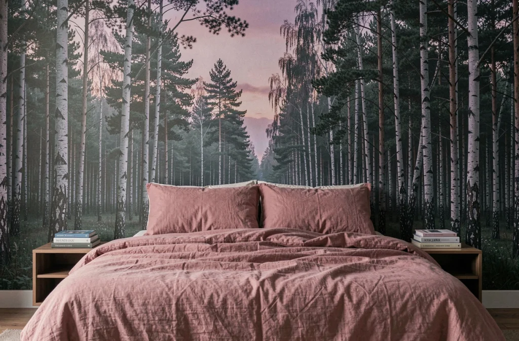 Chambre avec papier peint panoramique forêt scandinave au crépuscule et lit en lin rose