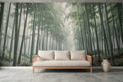 Salon moderne avec papier peint panoramique forêt de bambous japonais et canapé en lin ivoire