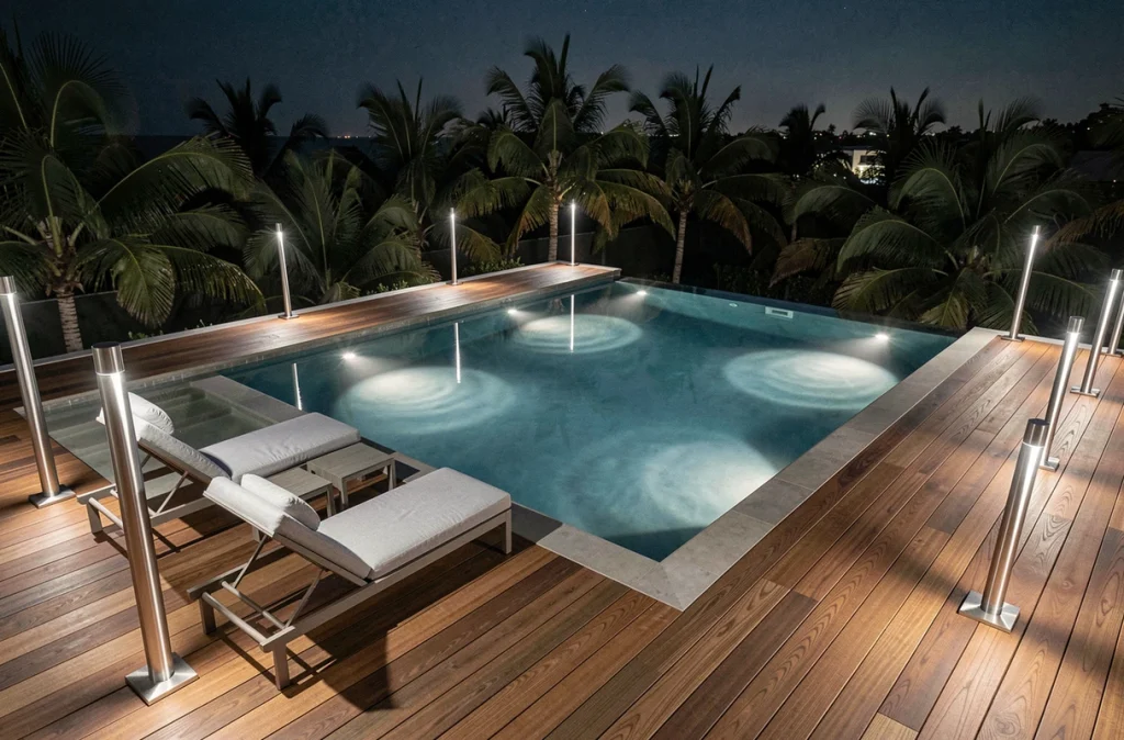 Vue en plongée d'une piscine à débordement avec éclairage sous-marin, spots encastrés et bornes lumineuses sur terrasse en bois la nuit