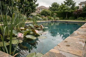Piscine naturelle avec zone de filtration par plantes aquatiques dans un jardin écologique
