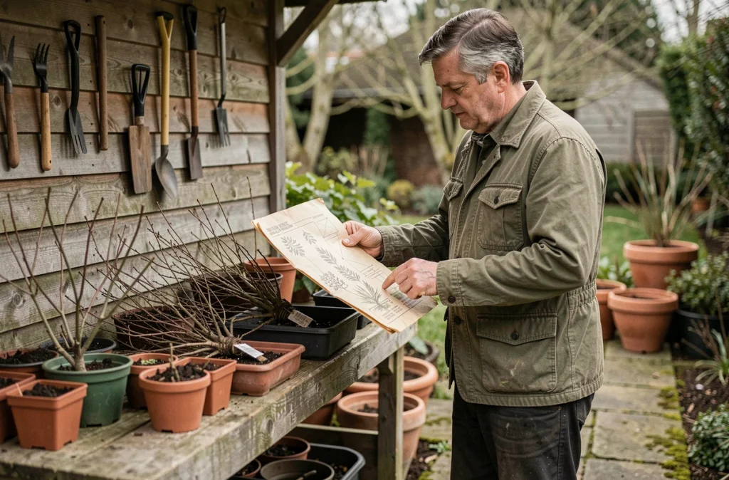Jardinier planifiant l'aménagement d'un jardin de vivaces avec un plan de plantation dessiné à la main sur un établi en bois