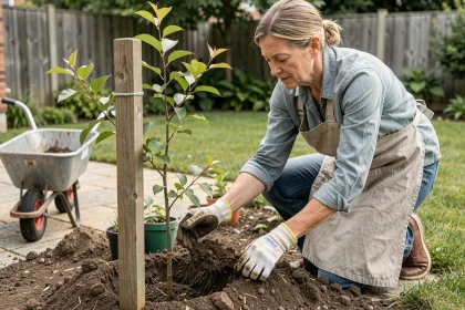 Femme plantant des arbustes pour créer une haie végétale dans son jardin