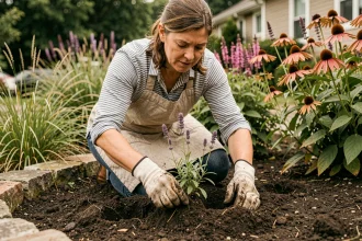 Femme qui plante une lavande dans un massif de vivaces avec des gants de jardinage et un tablier en lin