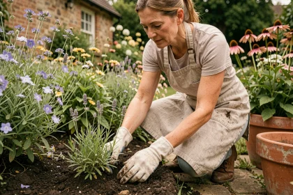 Jardinière plantant de la lavande mellifère dans un parterre fleuri pour attirer les pollinisateurs